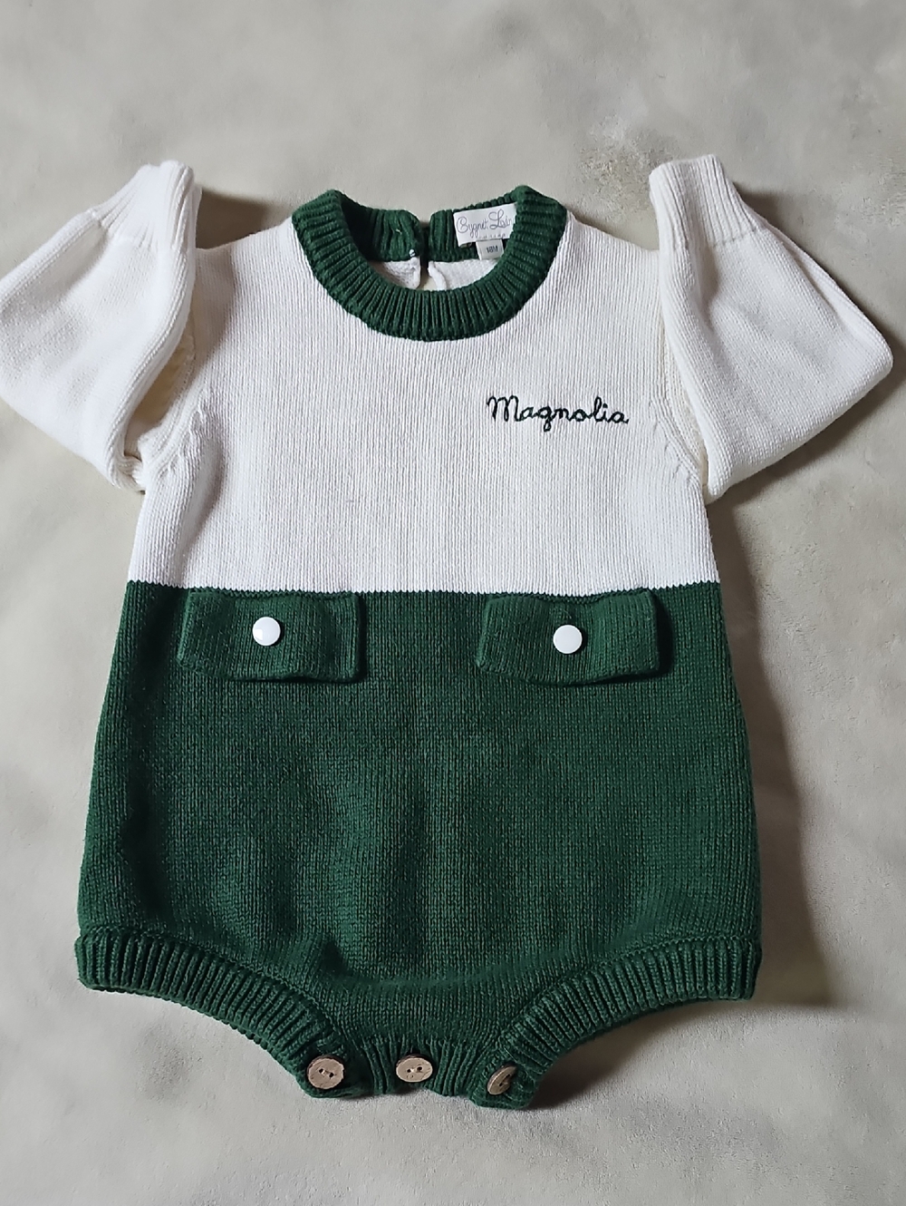 Magnolia Two-Tone White and Forest Green Baby Puffer Romper